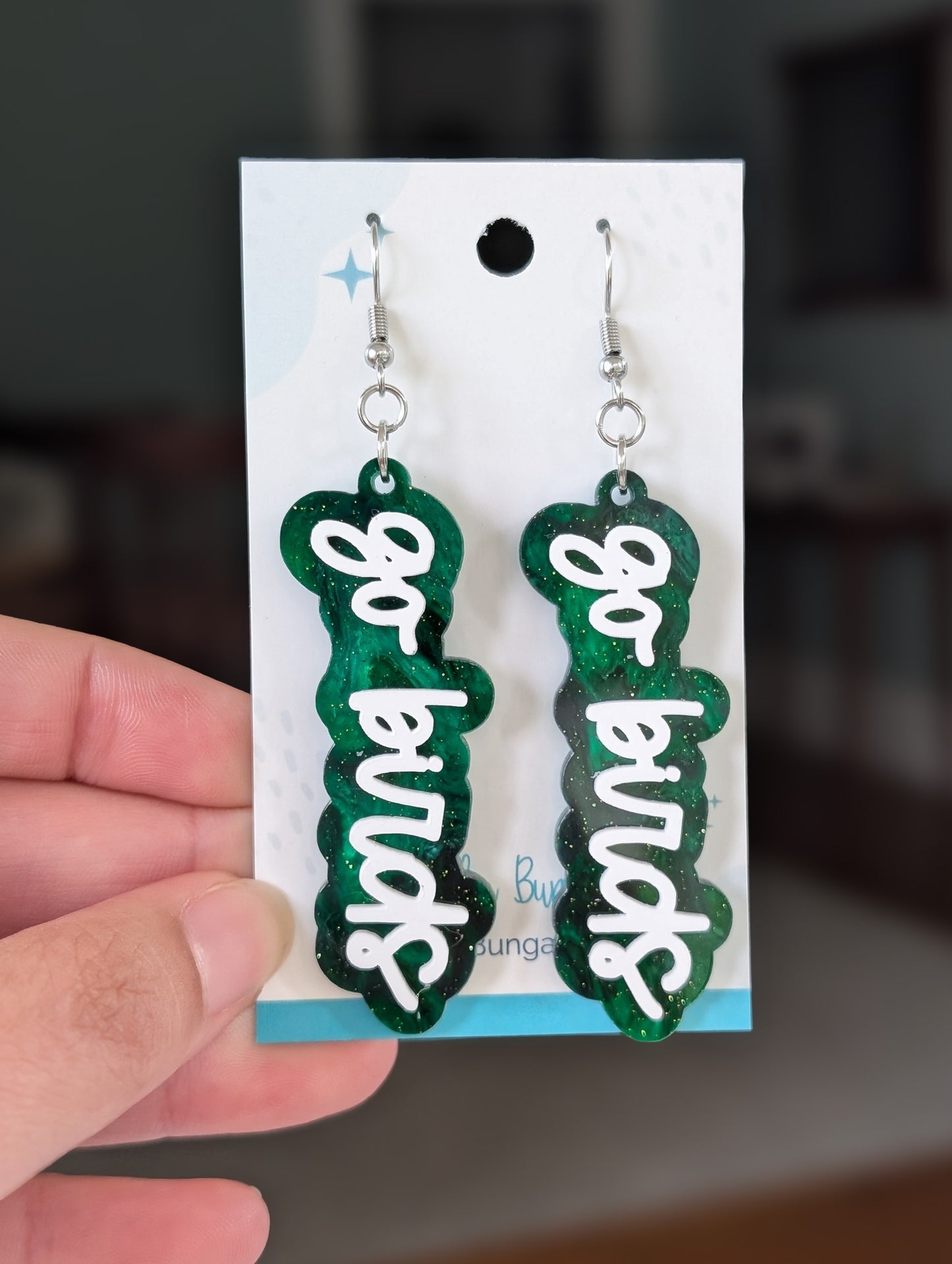 Go Birds Layered Green and White 3.25" Acrylic Statement Earrings (2 styles)