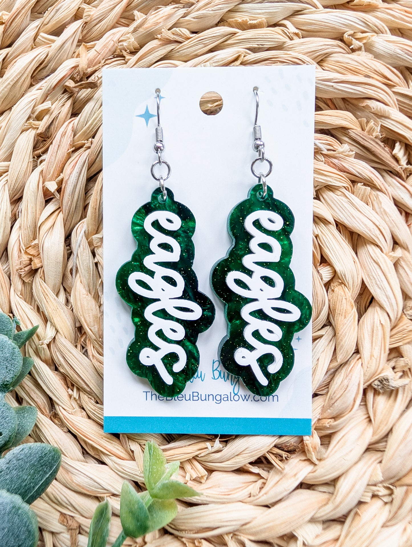 Eagles Layered Green and White 3" Acrylic Statement Earrings (2 styles)