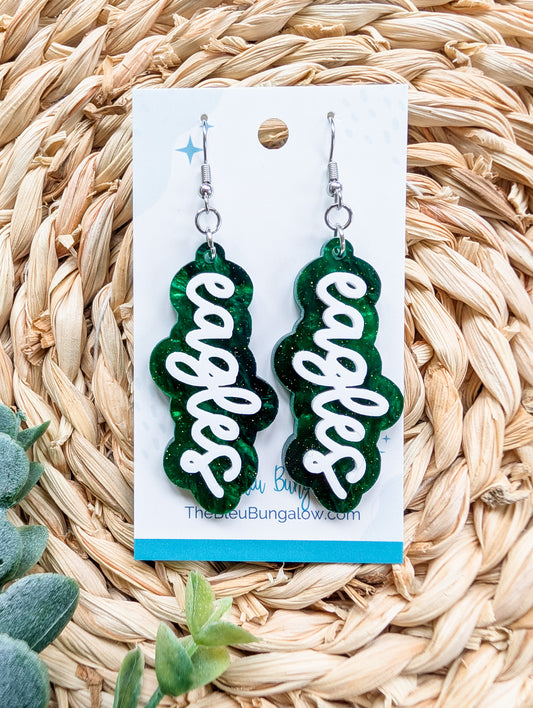 Eagles Layered Green and White 3" Acrylic Statement Earrings (2 styles)