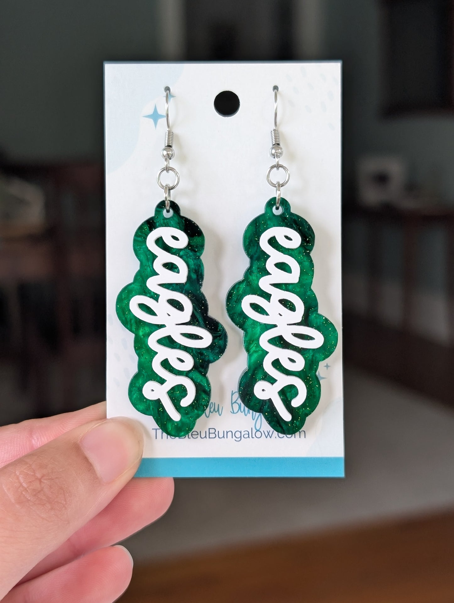 Eagles Layered Green and White 3" Acrylic Statement Earrings (2 styles)