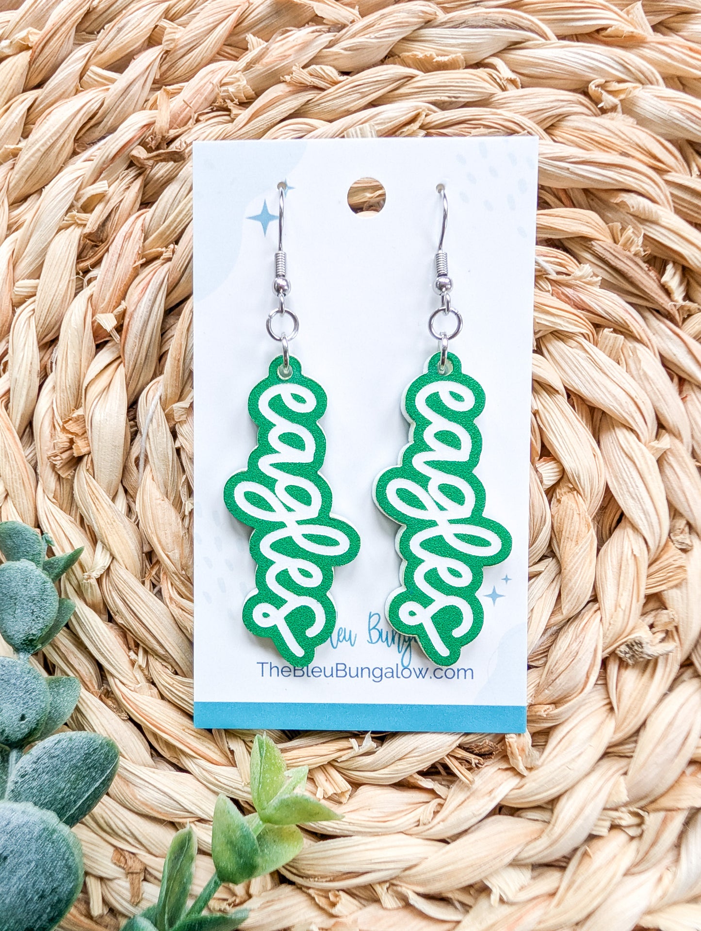 Eagles Engraved Green and White 3" Acrylic Statement Earrings
