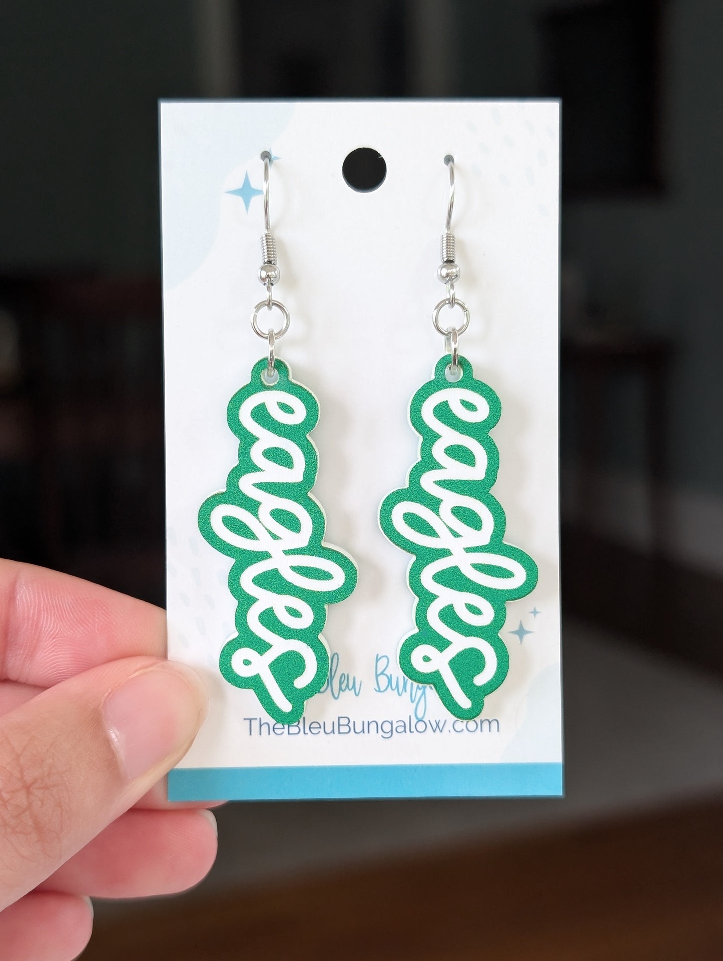 Eagles Engraved Green and White 3" Acrylic Statement Earrings