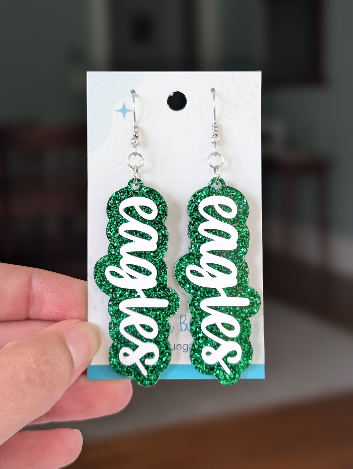 Eagles Layered Green and White 3.25" Acrylic Statement Earrings (2 styles)