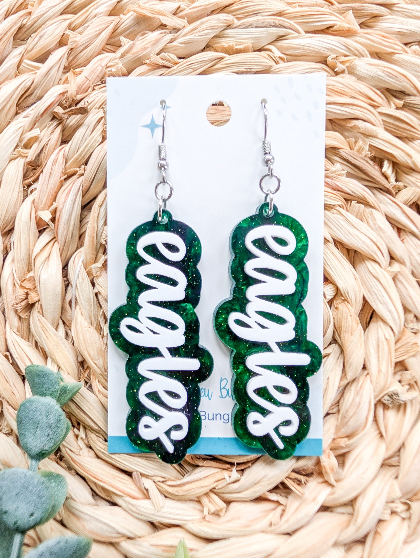 Eagles Layered Green and White 3.25" Acrylic Statement Earrings (2 styles)
