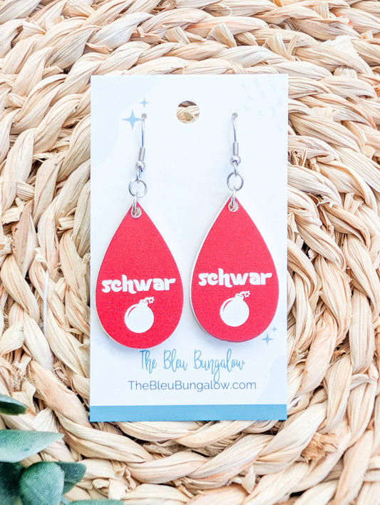 Schwarbomb Engraved Red and White Acrylic Teardrop Earrings