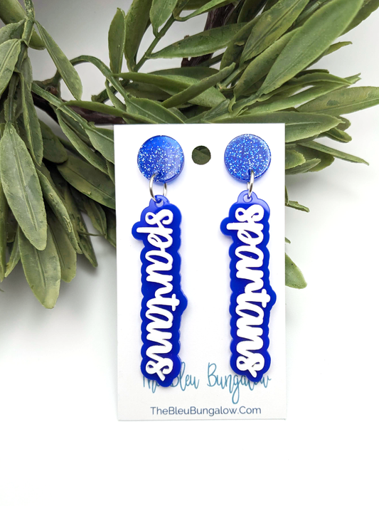 Blue and White Spartan Statement Earrings With Glitter Stud Topper